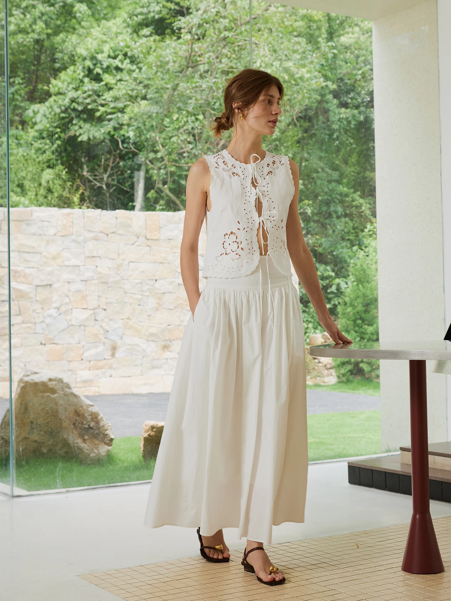 

NANCYLILI новая летняя хлопковая юбка трапециевидной формы, женская плиссированная длинная юбка с широкой талией для похудения, художественная юбка-зонтик по подолу...