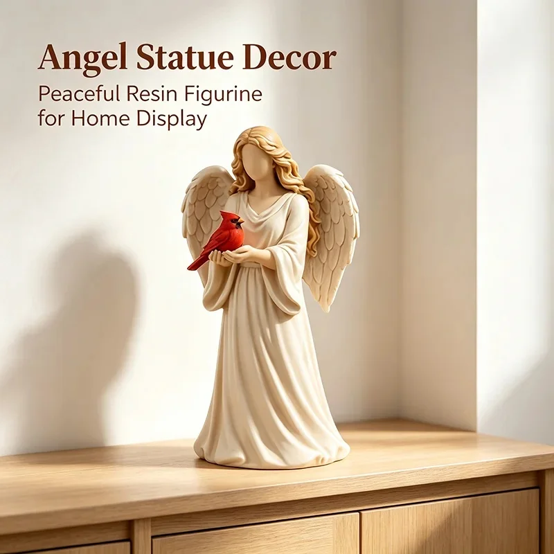 Winged Faceless Angel Statue With Cardinal Bird White Robe Resin Craft Sympathy Gift Indoor Tabletop Decoration