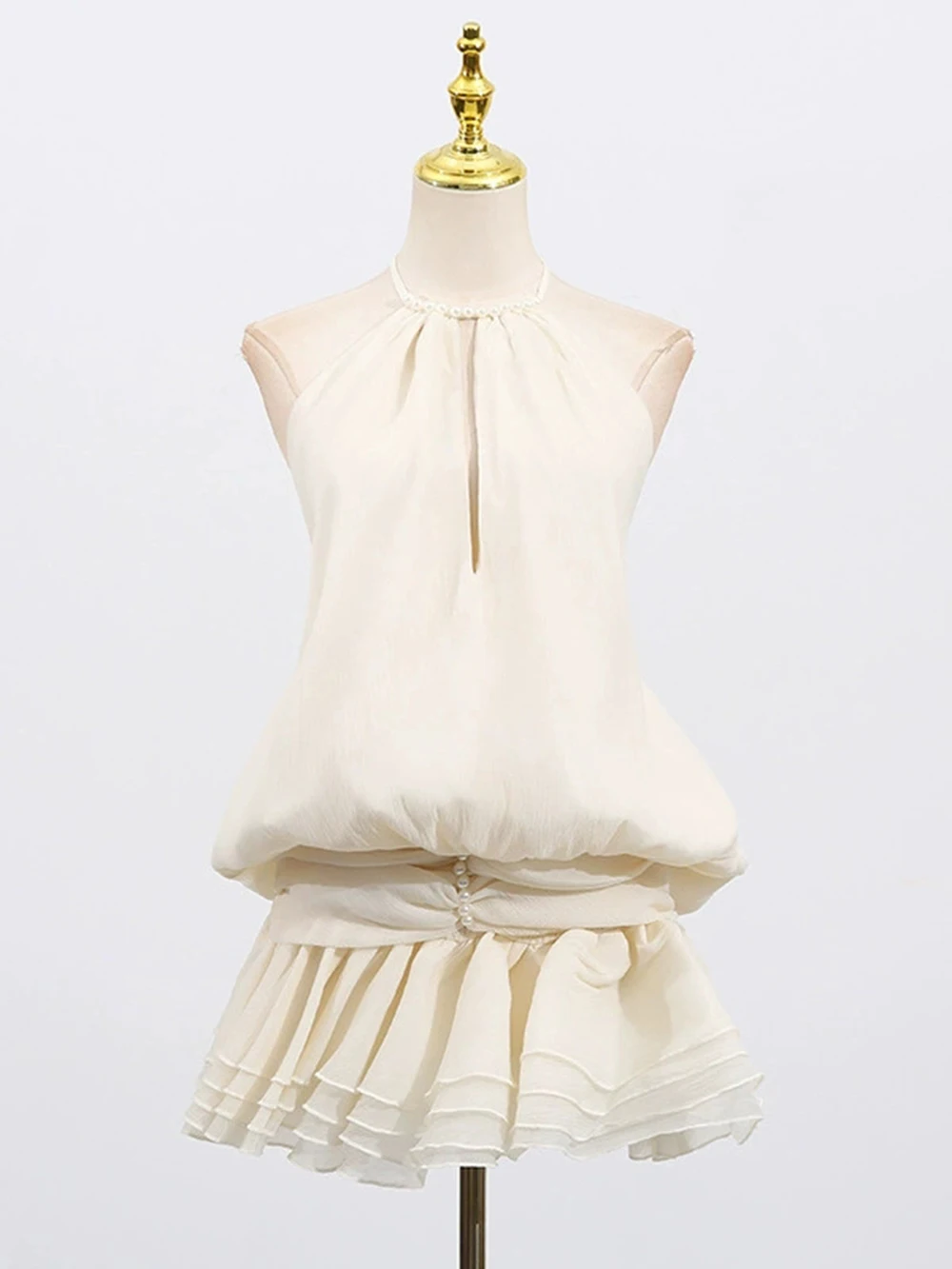 Koreanischer Stil, Temperament, Damenstil, kurzer Rock, 2022, Sommer, neues Spleißen, ärmellos, Rüschen, Perlen, schmales Kleid – GZXX 938