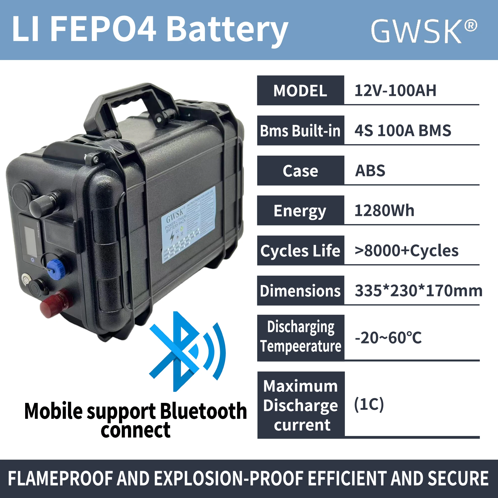 

GWSK,Air freight,LiFePO4 battery with Bluetooth board, can be connected to Bluetooth, 12V-100AH built-in BMS100AH, power display