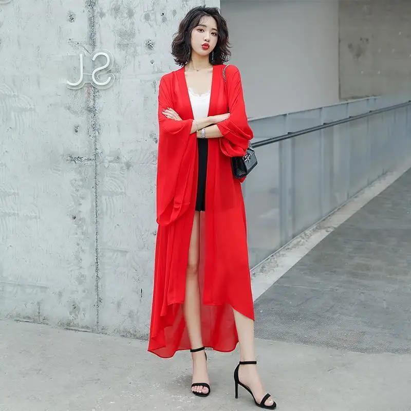 Summer Sun-protection Long Jackets Women Flare Sleeve Transparent Open-stitch Thin Beach Style Holiday Coats Ins Elegant Fashion