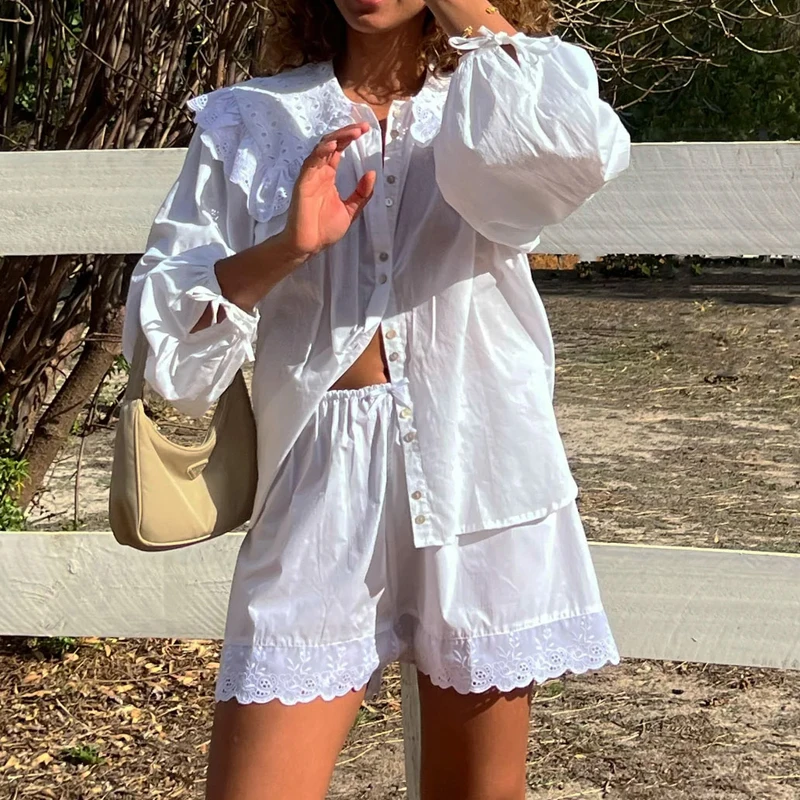 

Women Ruffles Set Long Puff Sleeve Babydoll Blouse Shirt Coquette Eyelet Shorts Set 2 Piece Outfit 90s Vintage Y2k Streetwear