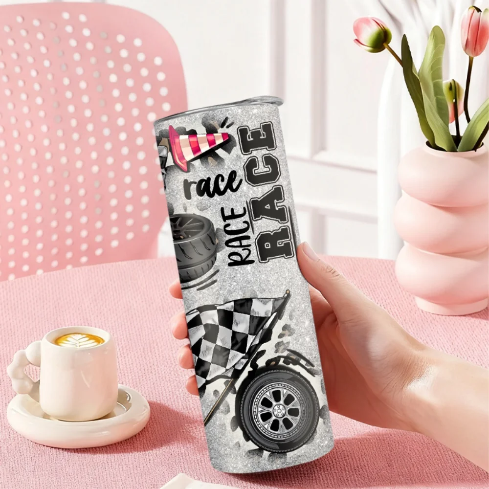 1pc 20oz straw water bottle, insulated stainless steel water cup with racing elements, tires, trophies, and flag patterns.