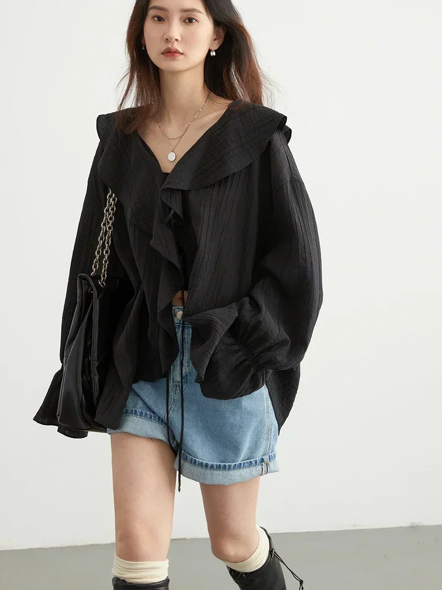 CHIC VEN Women Shirt Loose Casual Ruffled Edges Female Blouses V Neck Lace Up Mid Length Woman Shirts Spring Summer 2024