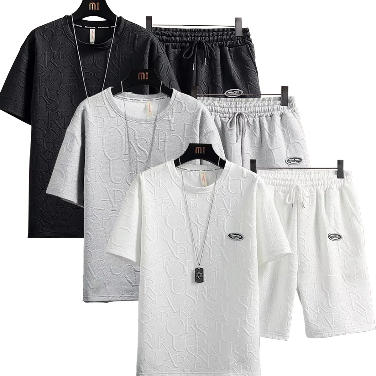 

Men's Short Sleeved T-shirt Casual Shorts Round Neck Jacquard Sports Breathable Five Quarter Pants Spring Summer Youth Clothing