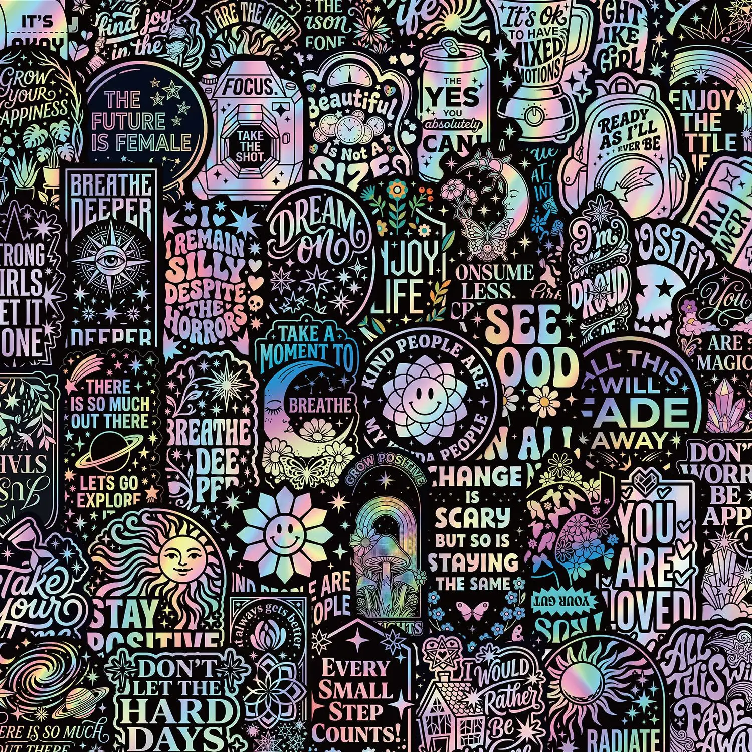 50Pcs Encouraging Stickers Holographic Colorful Graffiti Waterproof Vinyl Decals for Phone Laptop Luggage Journal