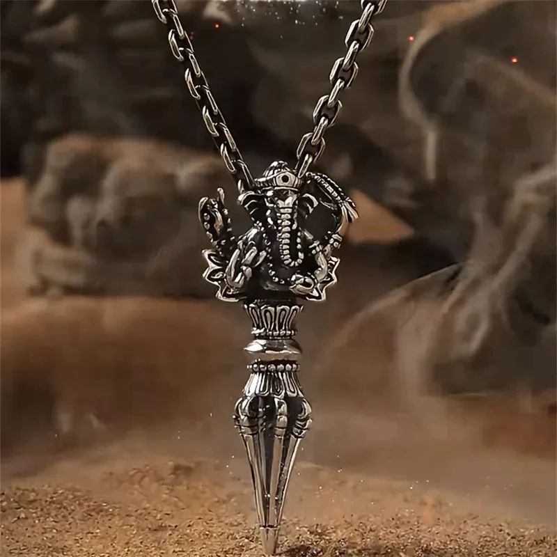 

Tibetan Buddhism Retro Silver Color Carving Elephant Gods Pointed Pestle Necklace Men Everyday GoodLuck Fashion Jewelry Necklace