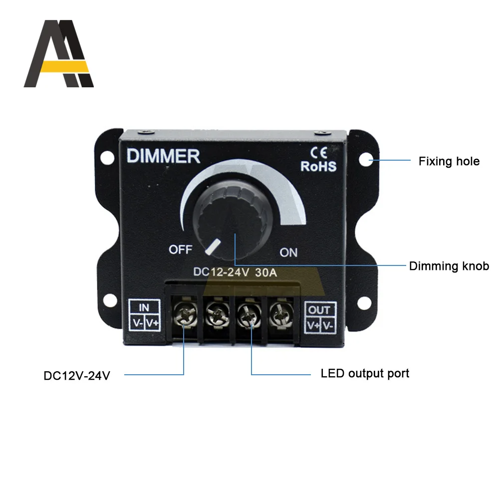 Variateur de tension LED 1W 30A 12V 24V DC, régulateur en aluminium, contrôleur haute puissance réglable pour bande lumineuse LED colorée