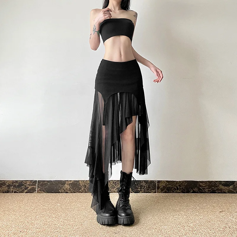 Goth  Cyber Y2K Irregular Hem Mid Skirts Harajuku Fashion Streetwear Mesh Patchwork Club Alt Bottoms Punk Skirt for Women