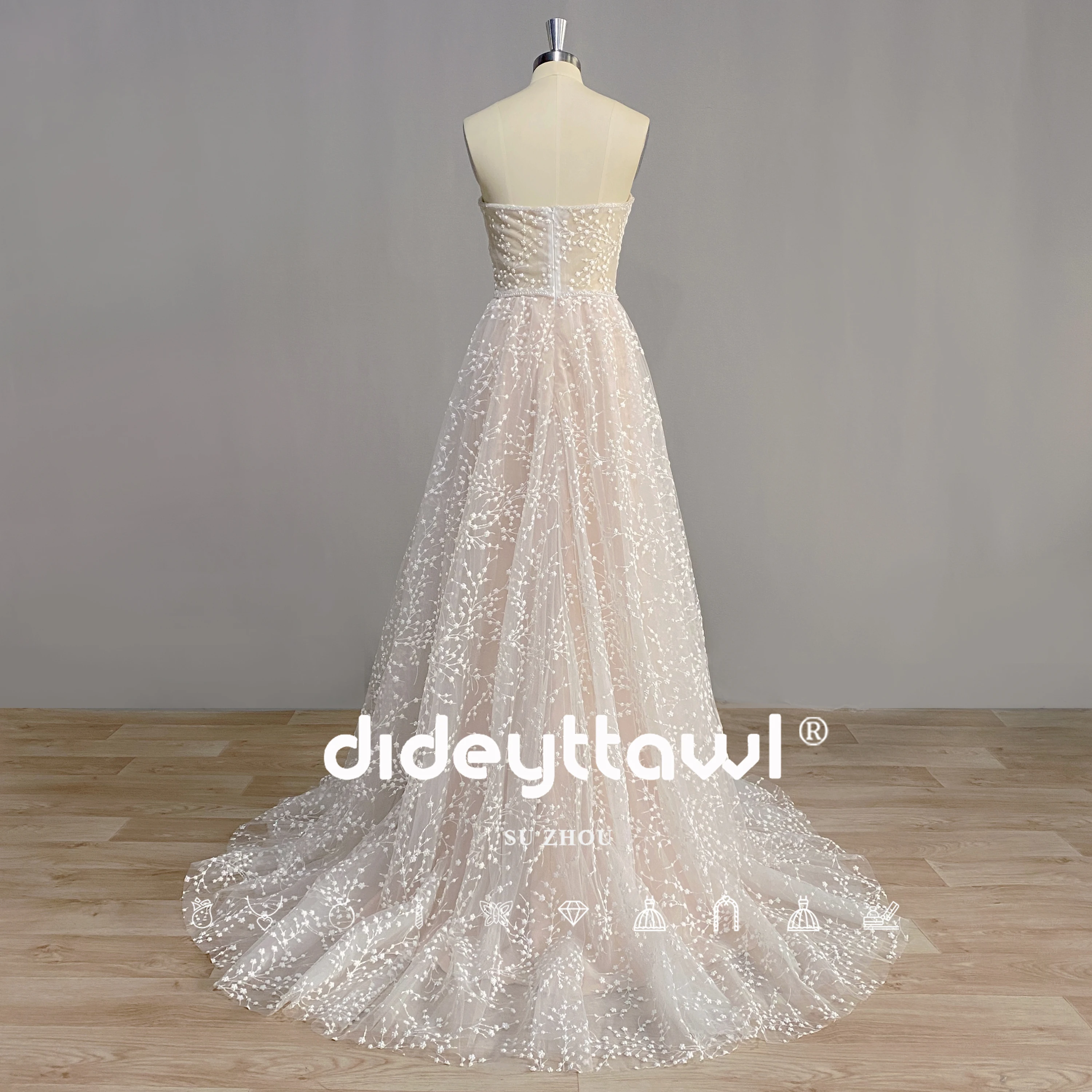 DIDEYTTAWL Real Photo Tulle Flowers Wedding Dresses 2024 Strapless A Line Sleeveless Appliques Bride Gown Robe De Mariée