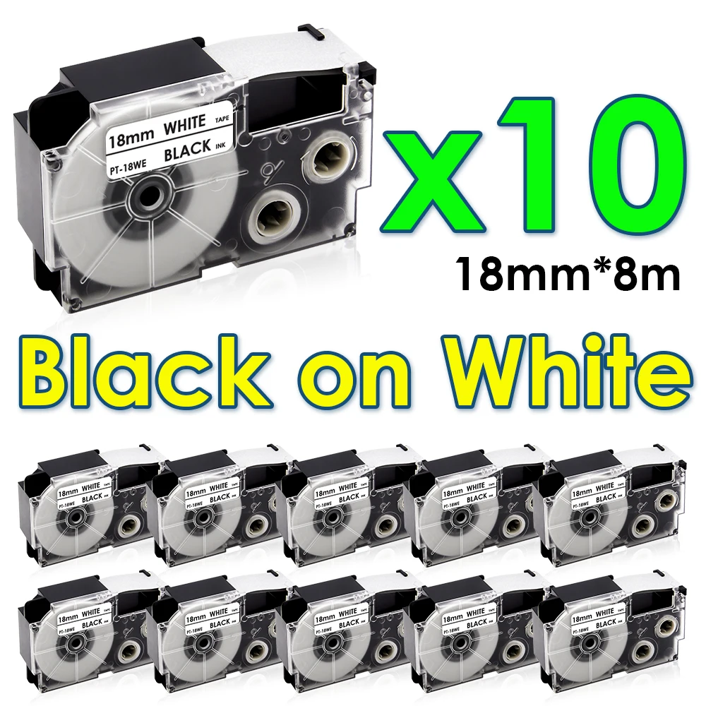 

10PK XR-18WE Labels Compatible for Casio XR18WE XR 18WE Label Tape Black on White for Casio KL-130 KL-120 KL-780 820 Label Maker