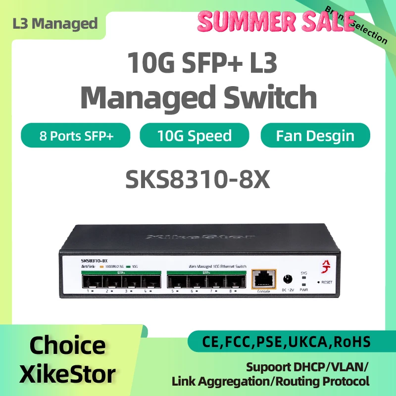 XikeStor L3 Managed 8 Ports 10G SFP+ Support VLAN Port Aggregation Link Aggregation Dynamic Routing Heat Dissipation Upgrade