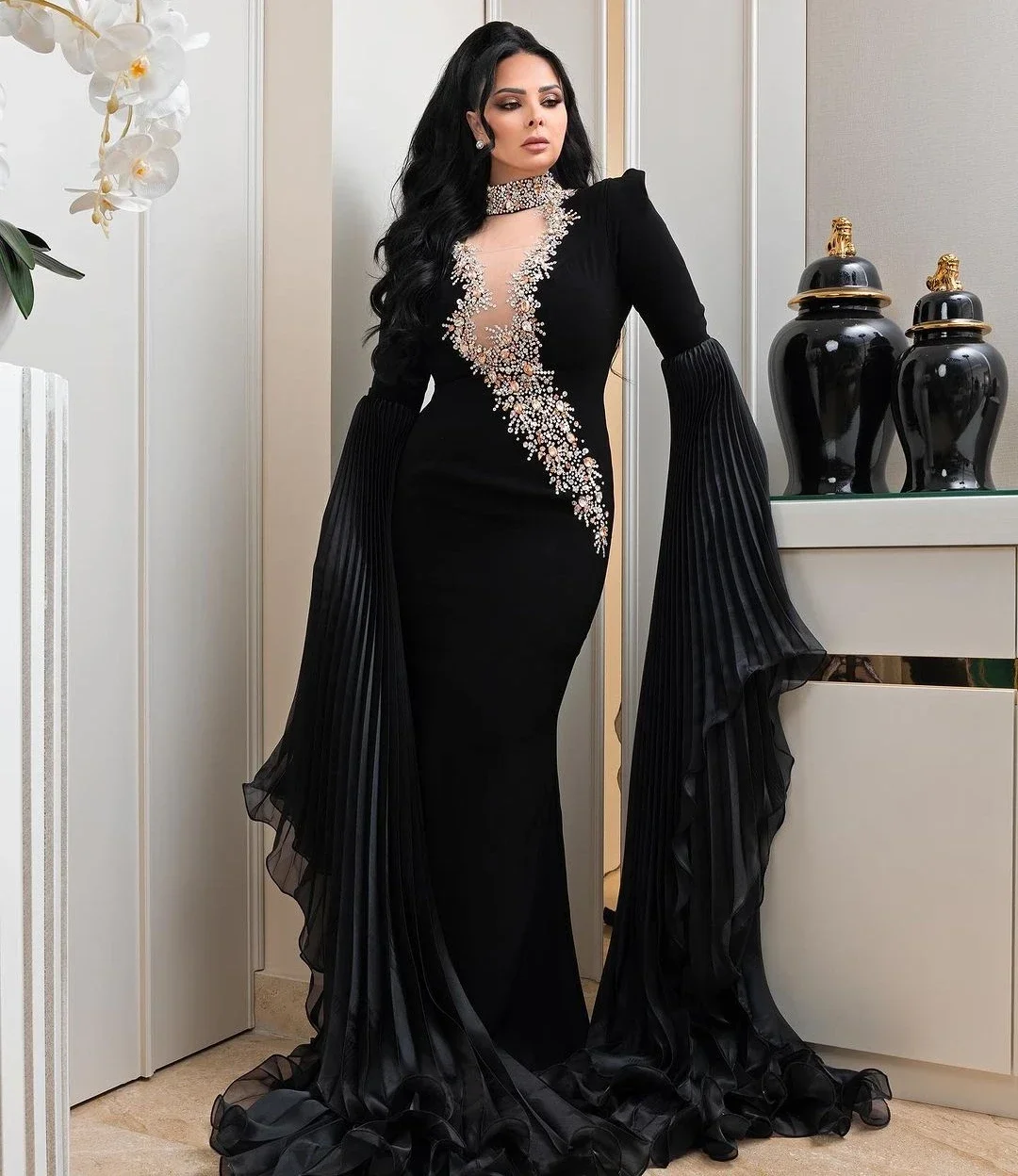 Vestidos De Noche De sirena negros De Arabia Saudita, Jersey personalizado con cuello alto y cuentas, Vestido De graduación De manga larga