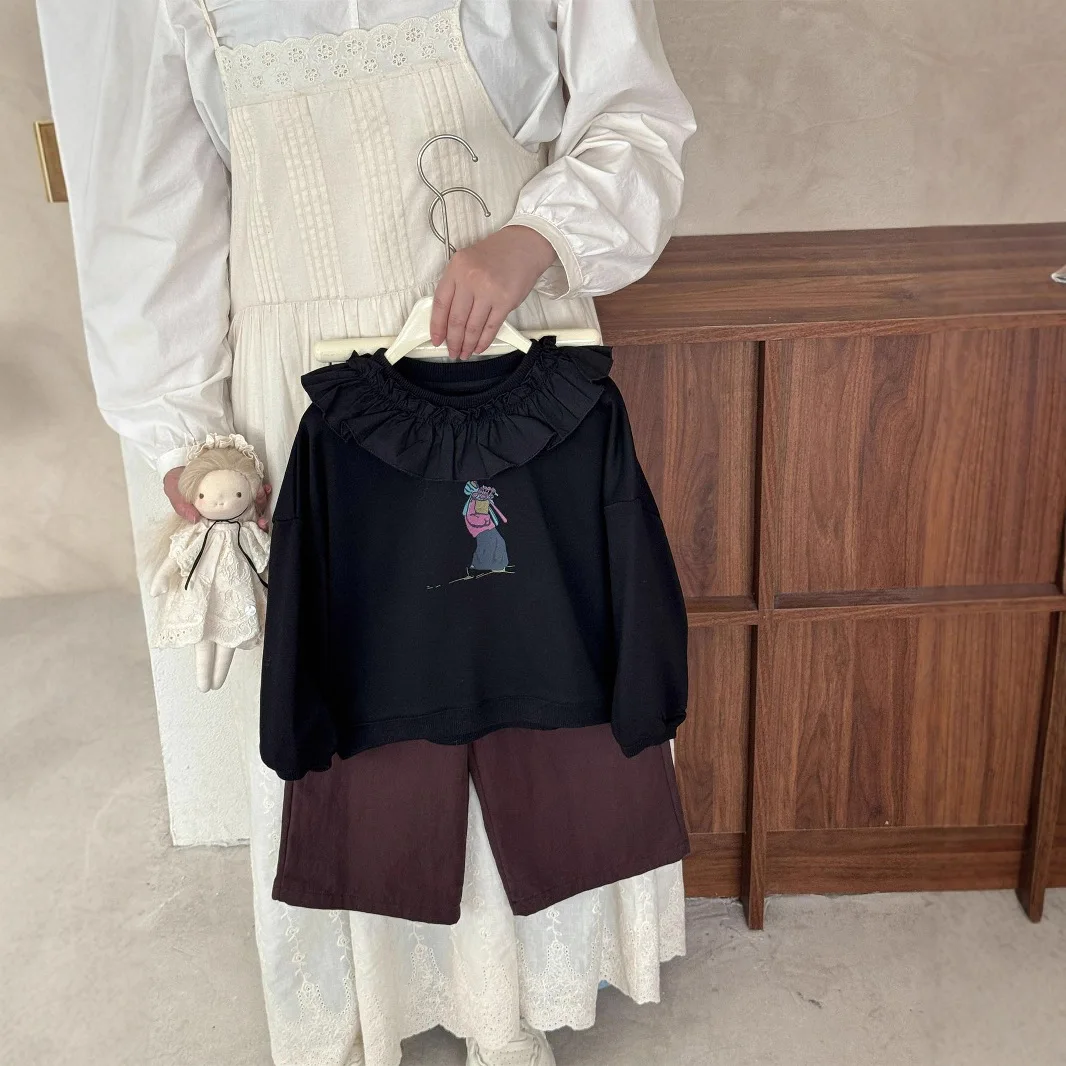 2025 Spring Autumn New Korean Printed Cute Cartoon T-shirt Long Sleeve Versatile Lace Hoodie Casual Pullover Top