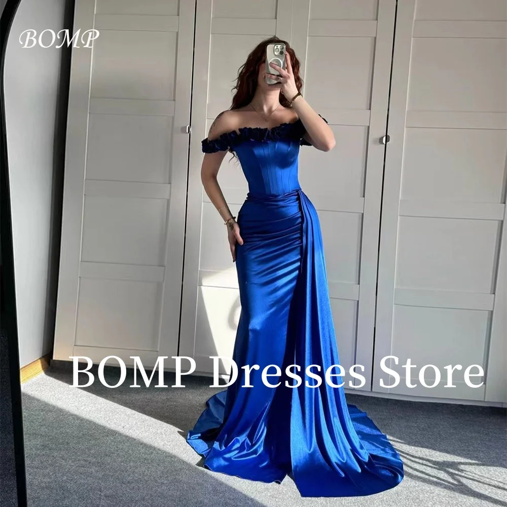 

BOMP Dark Blue Evening Dress Tiered Pleat Floor Length Handmade Flowers Formal Occasion Party Dresses Saudi Arabic Customized