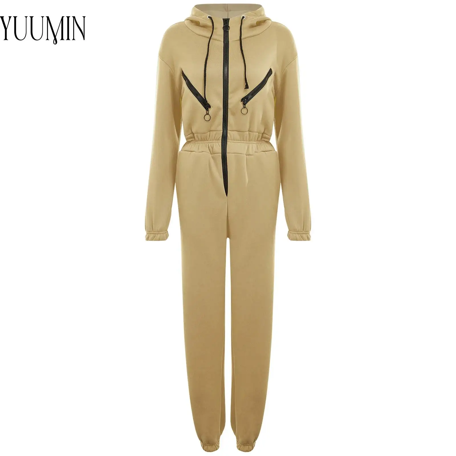 

Womens Sports Casual Clothes Fleece-Lined Drawstring Hooded Jumpsuit Long Sleeve Elastic Waist Bodysuit for Gym Workout Running