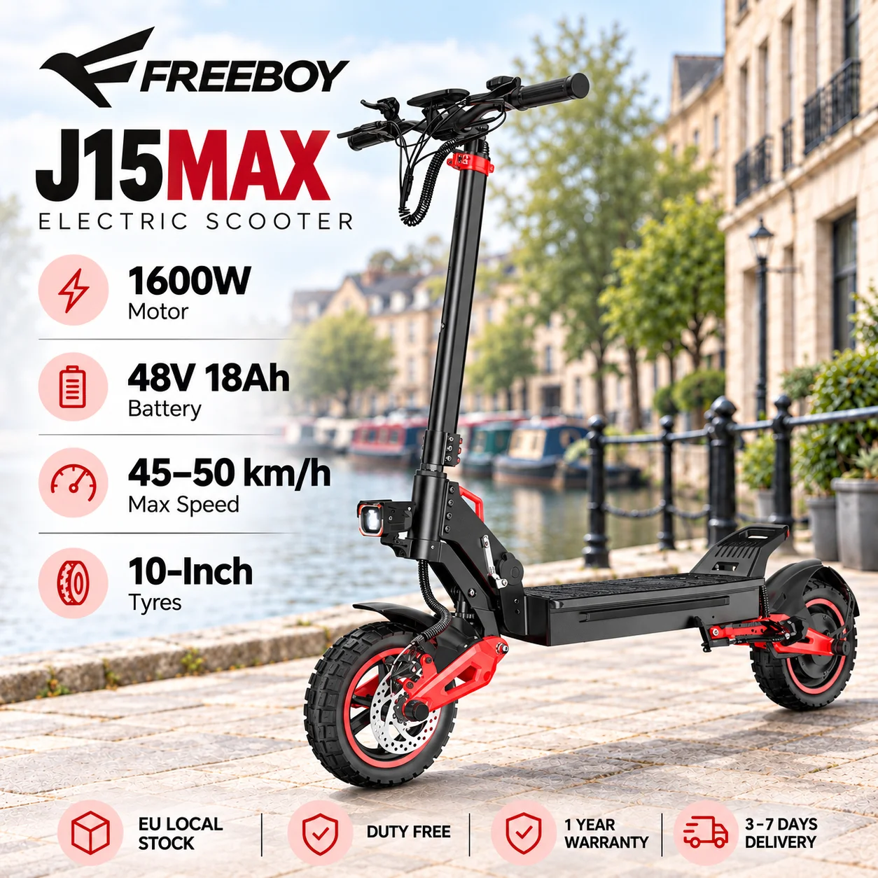 Monopattino elettrico pieghevole FREEBOY J15MAX per adulti, batteria da 48V 18Ah, autonomia di 45-50 km, velocità massima di 50 km/h, pneumatici da 10 pollici, trazione posteriore, freni a disco