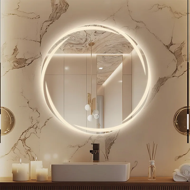 

Smart bathroom mirror Round defogging Makeup mirror with lamp Wall-mounted sink Makeup Touch screen LED