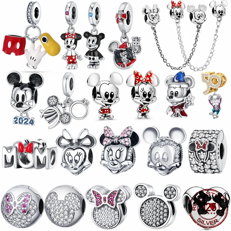 Disney-cuentas de plata de ley 925 para mujer, abalorios de Mickey y Minnie, adecuados para pulseras Pandora, joyería DIY, regalos exquisitos