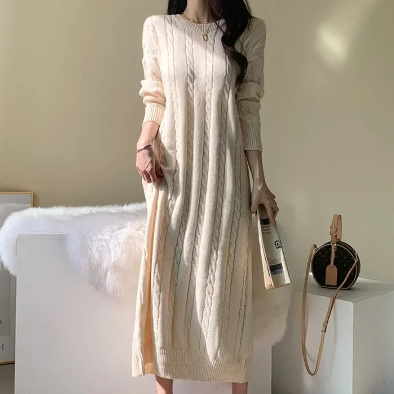 

Korean Chic Autumn Winter Loose Round Neck Long Sleeve Twisted Knitted Ribbed Maxi Dress Plus Size Oversize Casual Sweater Woman