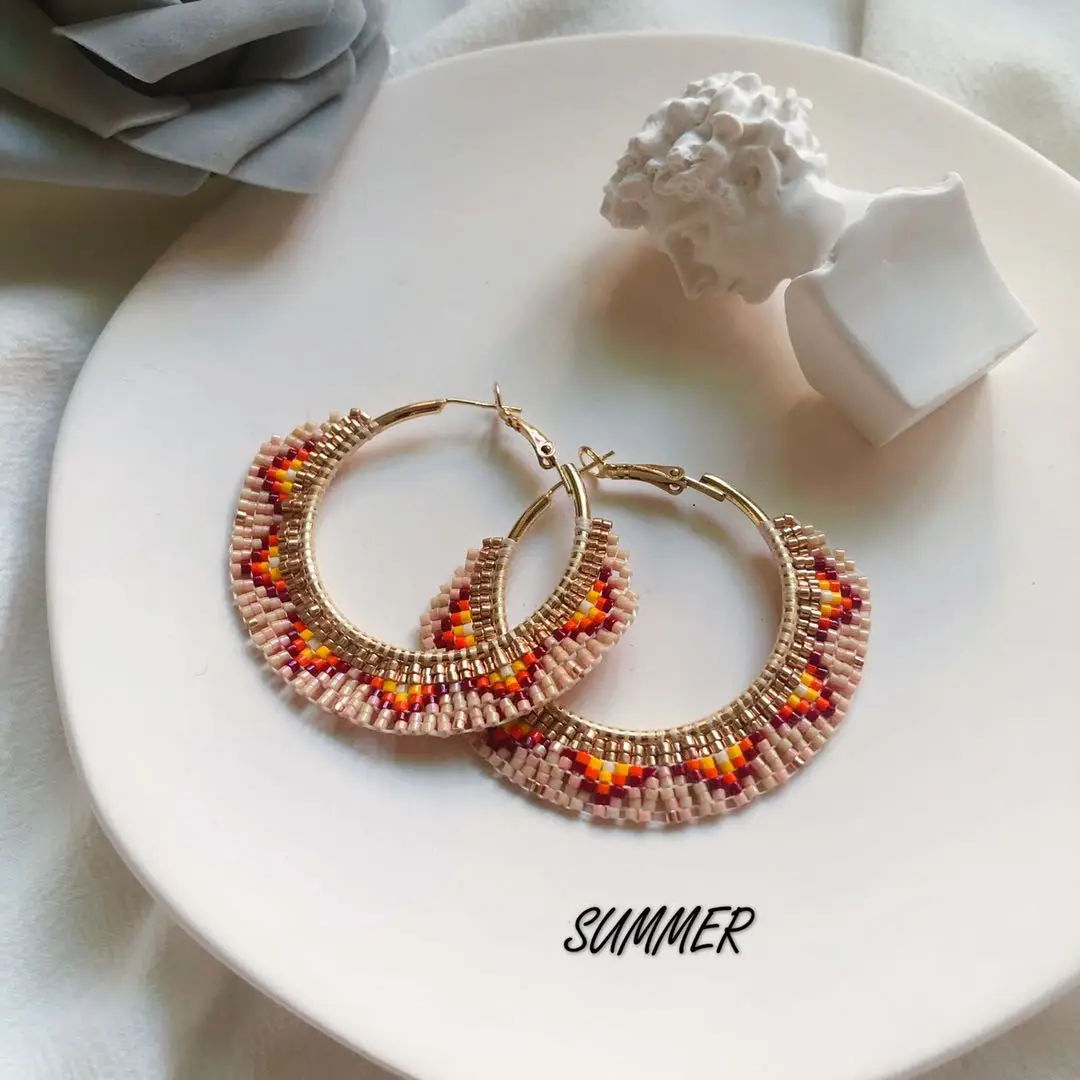 ZGMXR Rice bead earrings The Big Circle Fashion Personality Contracted Hand I knit Bohemia Alloy Female Beaded earrings