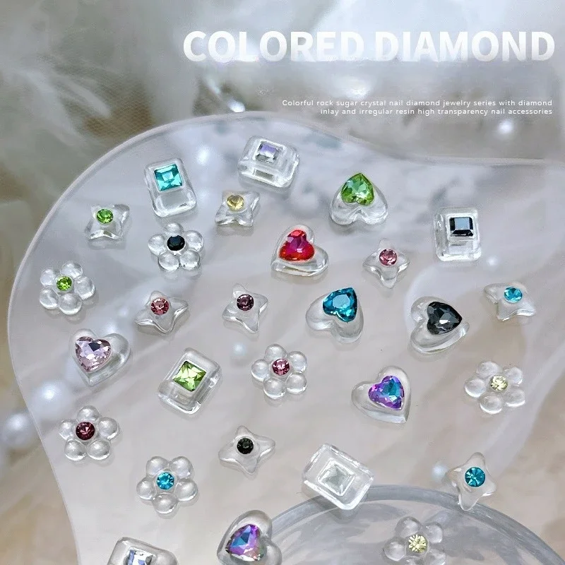 10Pcs Transparent Rock Sugar Shaped Heart Nail Rhinestones Dopamine Color Crystal Inlaid Charms DIY UV Gel Nail Manicure Decor