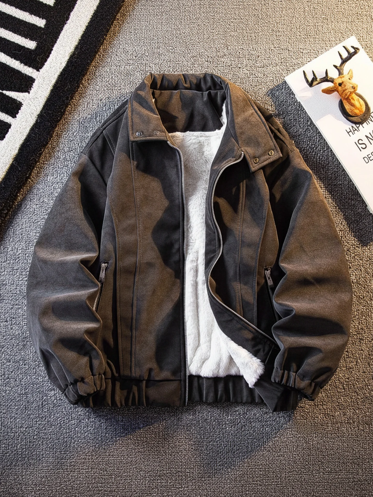 

Retro American Sle Men's Biker Jaet Winter Fce Lined Stand Collar Suede Coat Youth Faion Loose Fit Polyester Fabric