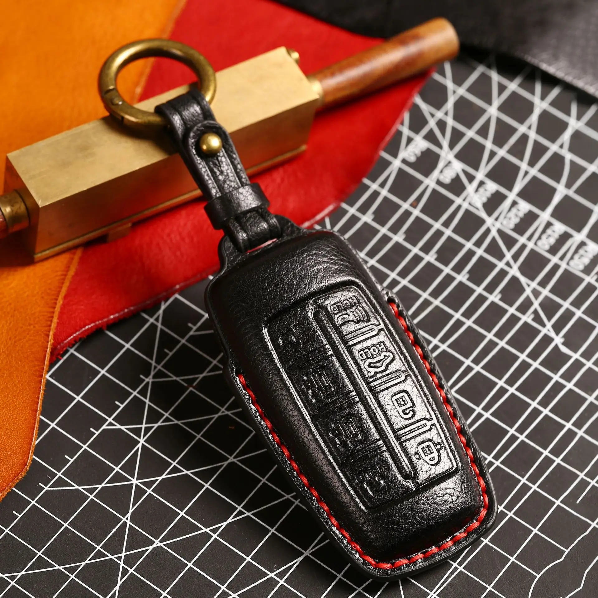 Luxury Car Key Case Cover Fob Protector Leather Keychain Holder Accessories for Hyundai Genesis 8 Button G80 Gv70 Gv80 Gv90 Bag