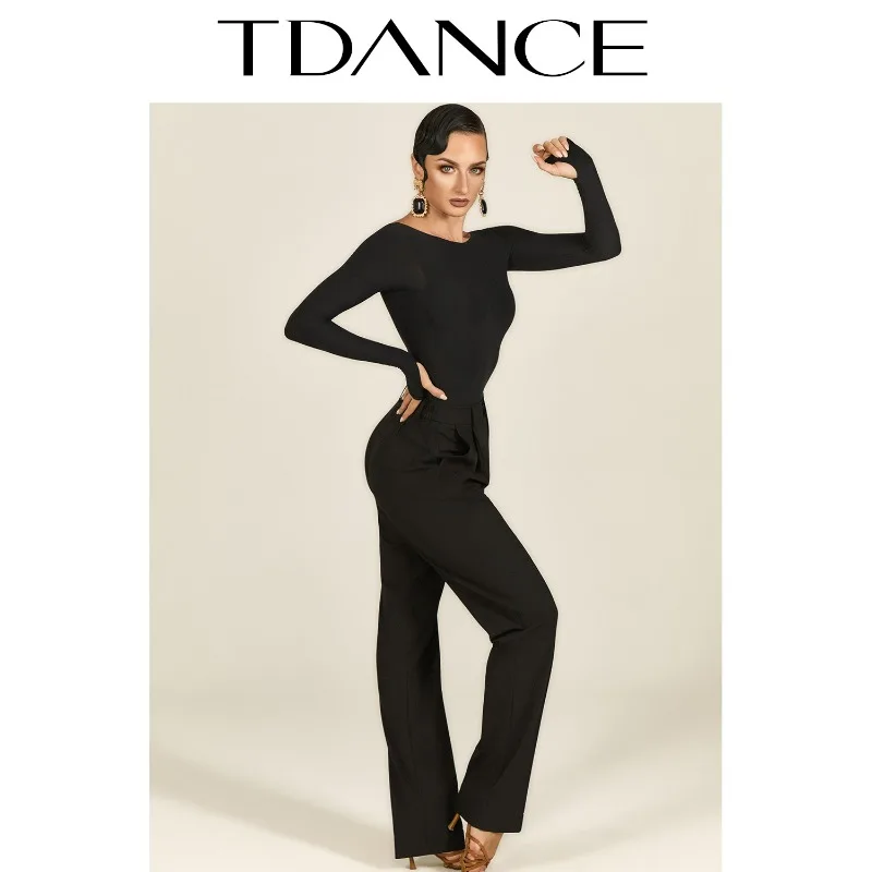 فستان ممارسة لاتيني حديث مخصص من TDANCE [ياقة سفينة وأكمام طويلة] مع وسادة صدر أساسية متعددة الاستخدامات للنساء GL-219