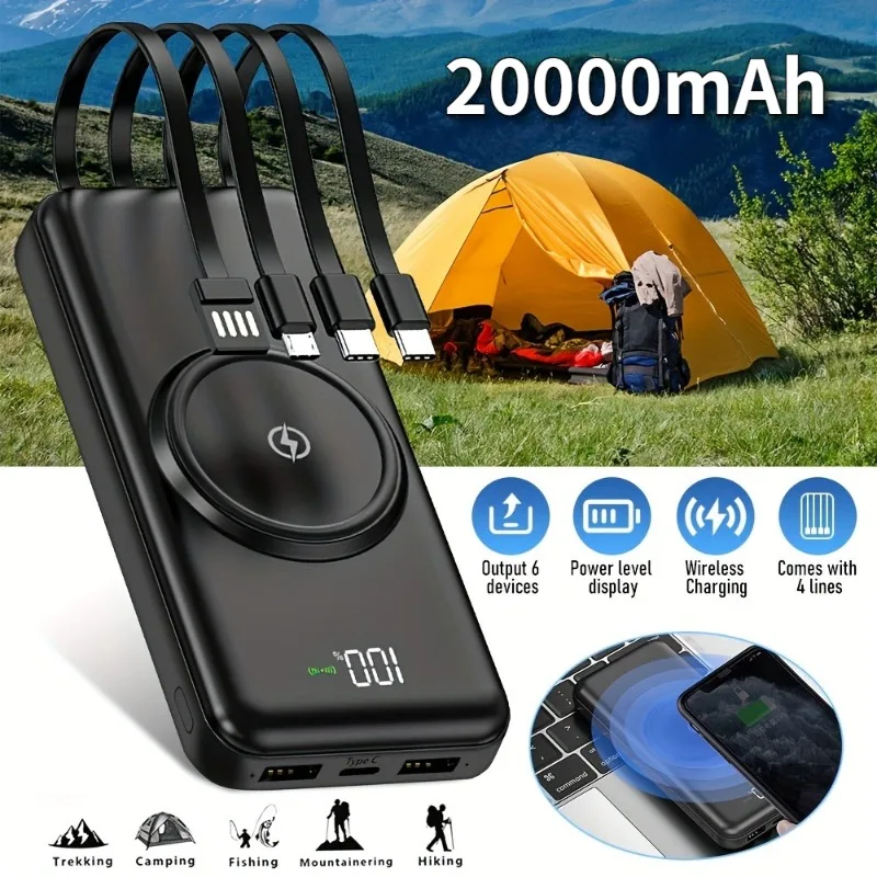 

Портативное зарядное устройство Power Bank, со встроенными кабелями, для телефонов Samsung Android и т. д., 20000 мАч, аварийное питание первой необходимости для путешествий