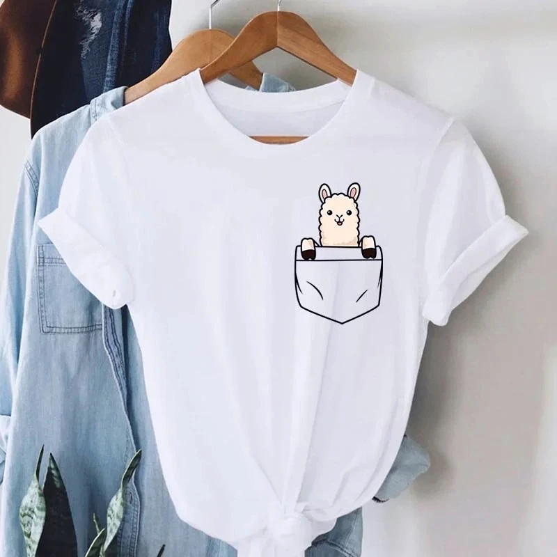 Ropa de moda de verano para mujer, Tops informales, sueltos, de manga corta, con bolsillo, jersey de Alpaca para mujer, camisetas divertidas, ropa Kawaii