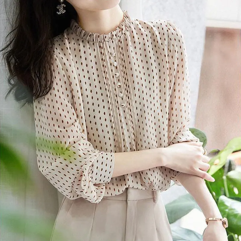 Pendel ständer Kragen Knopf Hemd Frühling Herbst Mode faltet Damen bekleidung koreanische Langarm lässig Vintage bedruckte Bluse