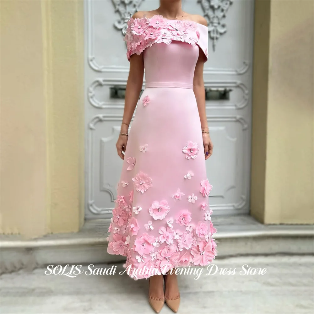 

SOLIS Pink Evening Dresses Off Shoulder Prom Dresses with 3D Floral Party Dresses Ankle Length Gala Dress for Women Customized