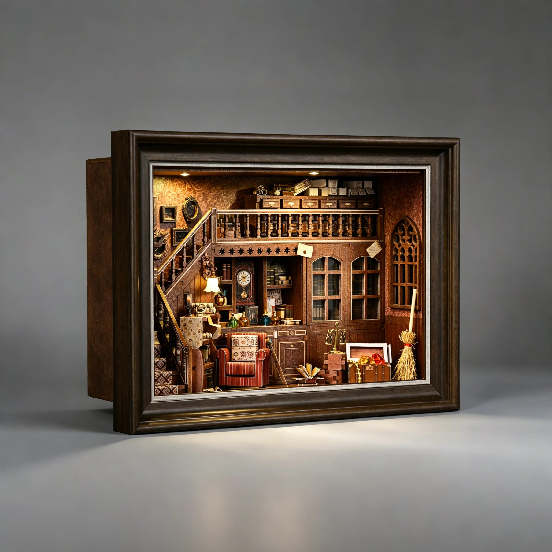 Vintage Attic Frame DIY Dollhouse Kit 3D Wooden Assembly with LED Light Secret Hideaway Miniature Scene Home Decor Handcraft Gif