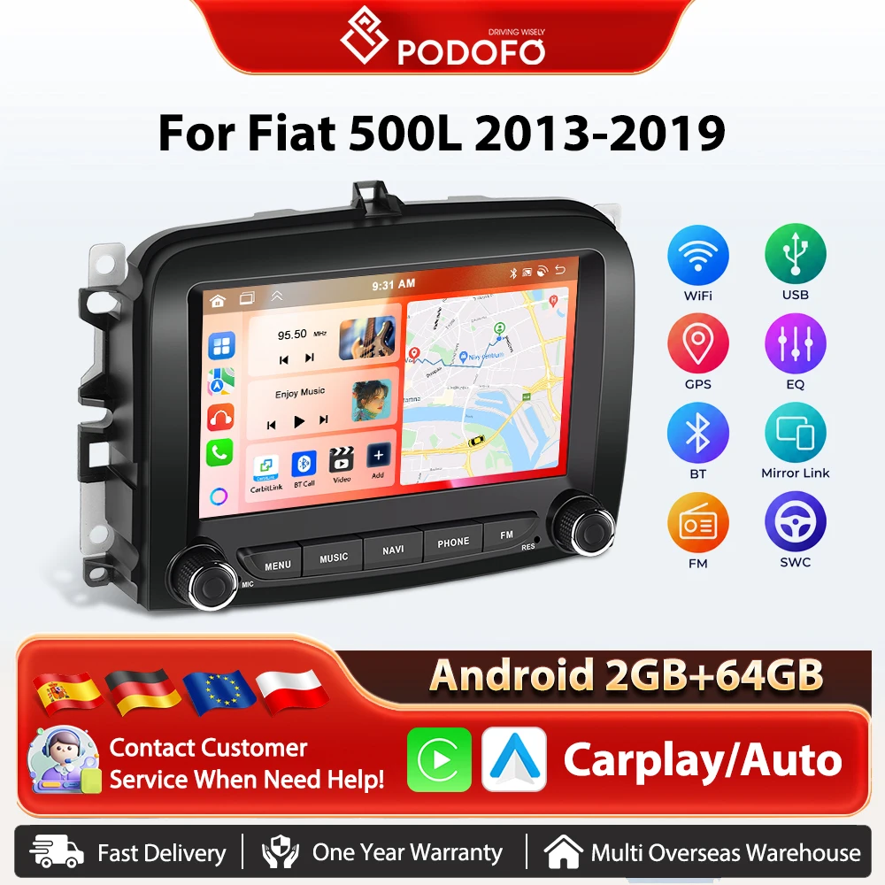 Autoradio Podofo 7'' con Carplay Wireless e Android Auto per Fiat 500L 2013-2019, Sistemi Intelligenti per Auto, Navigazione GPS, BT, FM/RDS, Autoradio 2din Plug&Play, Unità Principale SWC, Stereo