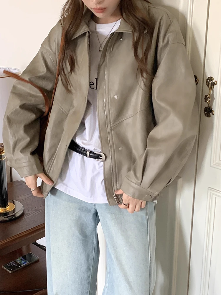 

Ретро-шик: женская куртка-косуха из искусственной кожи, свободного кроя, с длинными рукавами, для повседневной носки, осенняя новинка