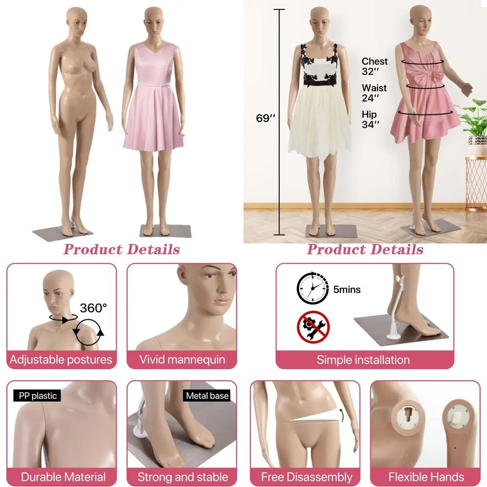 

69 Female Full Body Mannequin with Adjustable Poseable Features and Metal Base for Display
