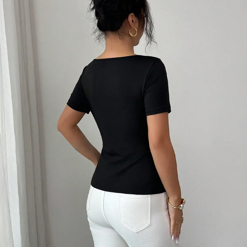 Fashionable Slim-fit Women's T-shirt 2026 Summer Short-sleeve U-neck Top Summer Dresses 2026 Robe Femme Boho Lace