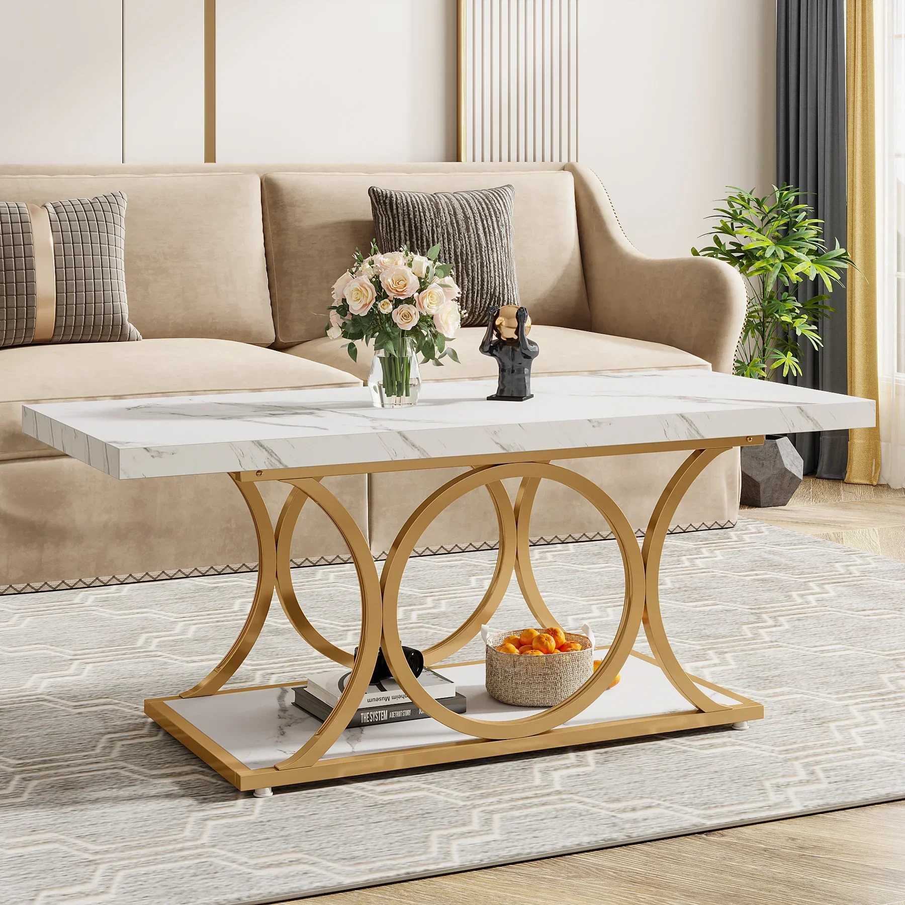 

For Rectangle Coffee Table, 47.24-inch Modern Coffee Tables for Living Room, 2-Tier Faux Marble Wood Coffee Table
