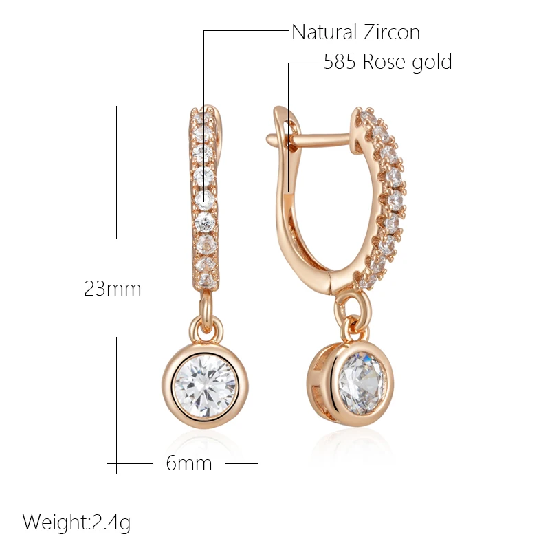 Wbmqda Fashion Round Natural Zircon Pendant Earrings For Women 585 Rose Gold Color Girls Ear Drop Jewelry Gifts Accessories