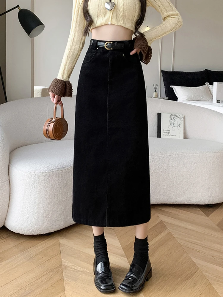 Winter Corduroy Women\'s Long Skirt Woman Vintage High Waist Wrap Cargo Bodycon Skirts With Belt A-line Black Brown Faldas Largas
