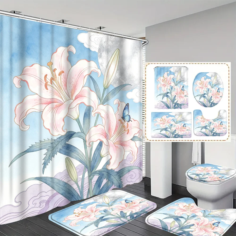 Premium Pink Lily Floral Shower Curtain Polyester Waterproof Bathroom Decor Curtain Liner Amaryllis Flower Print Modern Botanica