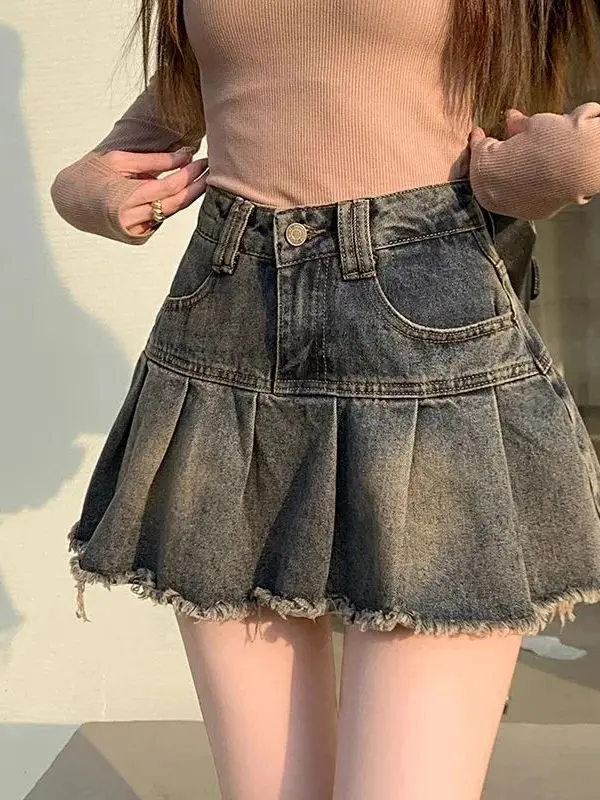 High Waist A-Line Pleated Denim Skirt Vintage Style with Frayed Hem Cotton Polyester Blend Women's  Skirt Casual Wear