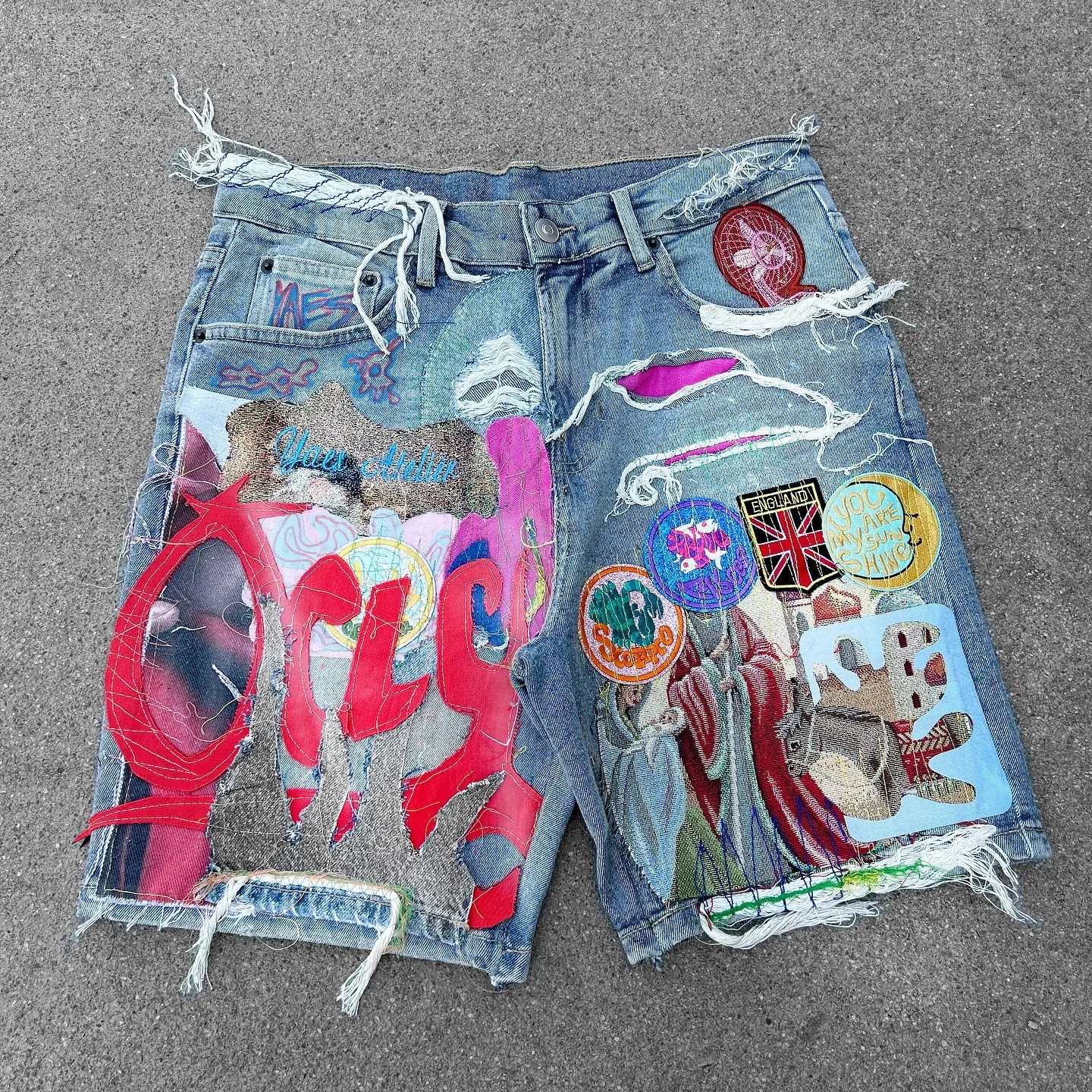 American Patch Shorts Y2K Jeans Harajuku Hip Hop Embroidery Retro Blue Baggy Denim Gym Shorts Mens Womens Casual Shorts