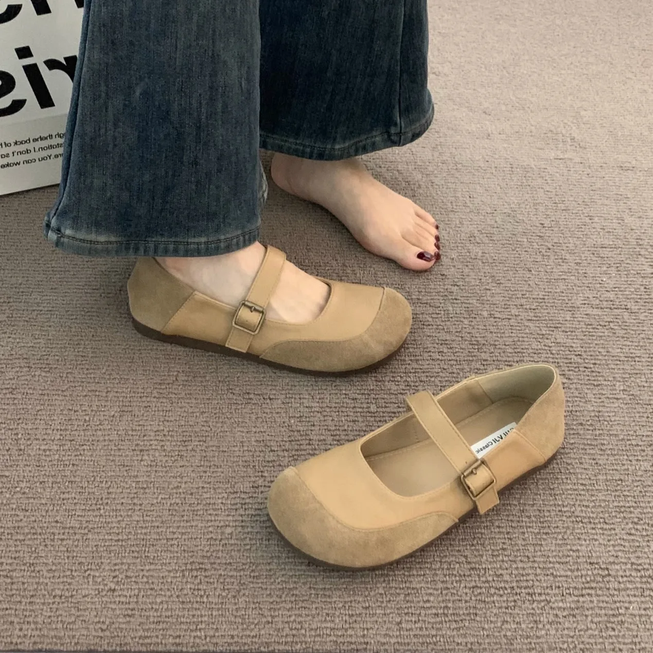 

Retro Flat Bule Women's oes Slip-On Mary Jane Bean Bean oes Faionable Comfortable Rubber Outsole Anti-Slip round Toe