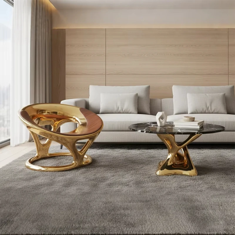 

Luxury innovative metal armchair Fiberglass bright openwork sculpture chair