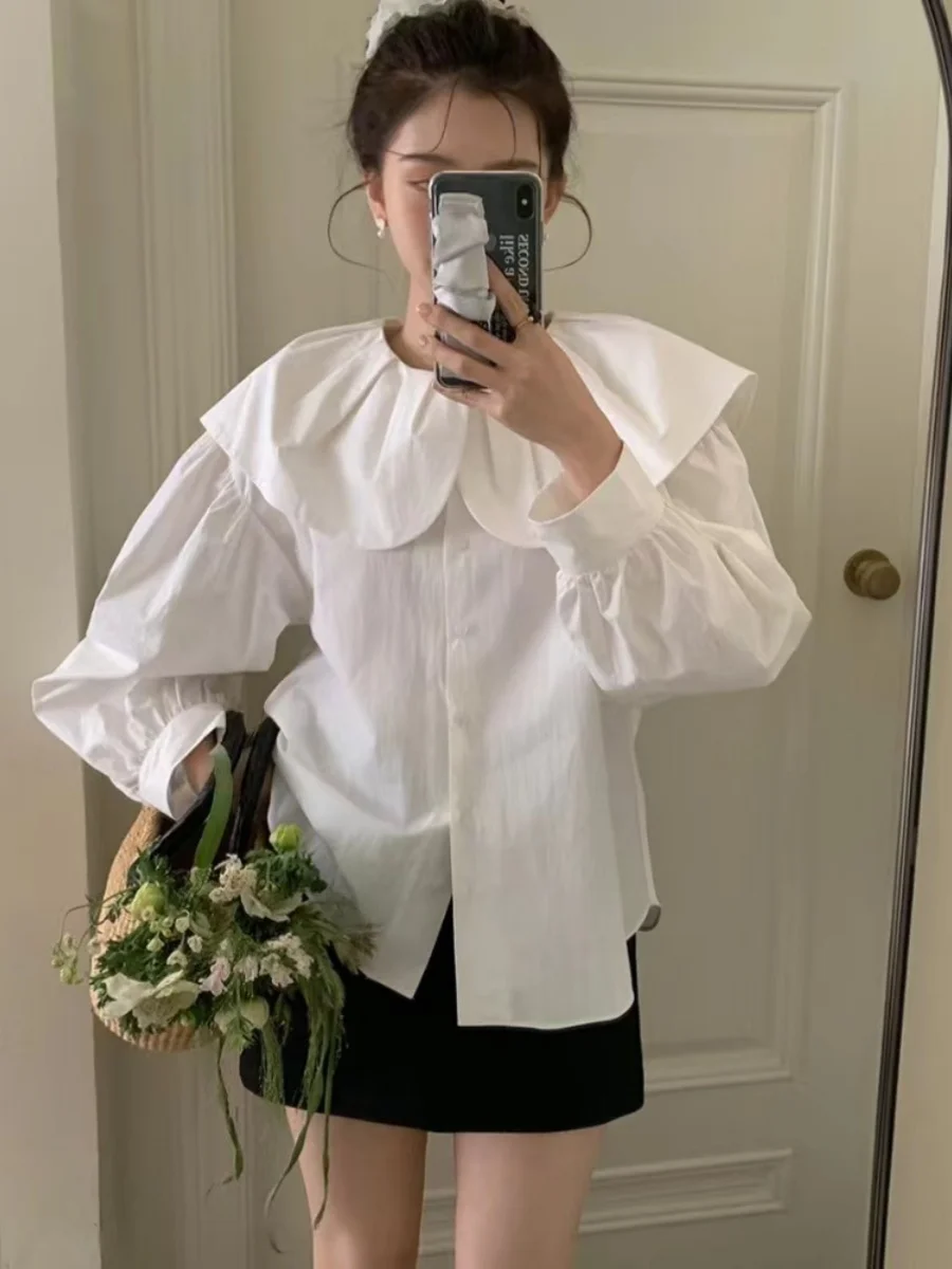 الفرنسية الأرجواني قميص بيتر بان Collarlace فانوس كم قمصان النساء ربيع الخريف طويلة الأكمام بلوزة الإناث واحدة الصدر