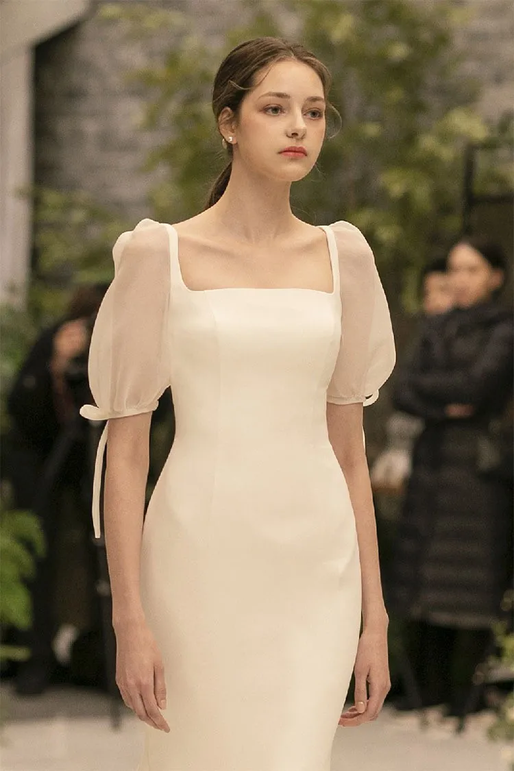 2024年新作 アウトドアウェディングドレス エレガント シンプル スリム サテン 韓国風 レトロ パフスリーブ 結婚式 披露宴 お出かけ ベール