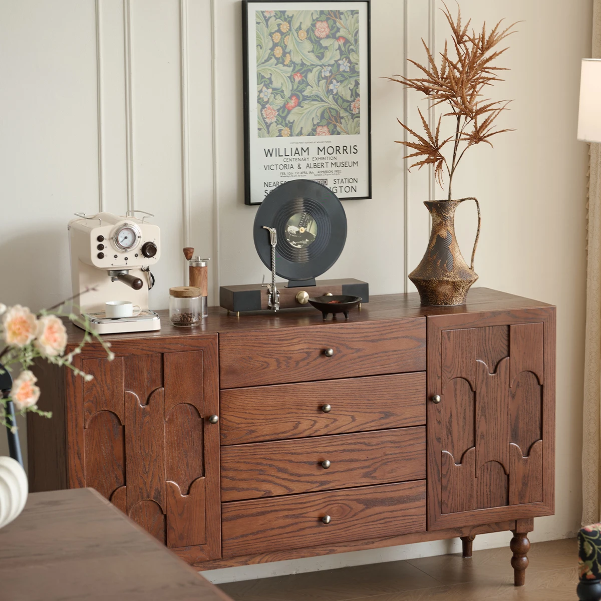 

French retro dining side cabinet integrated cabinet against the wall tea antique bucket storage kitchen locker