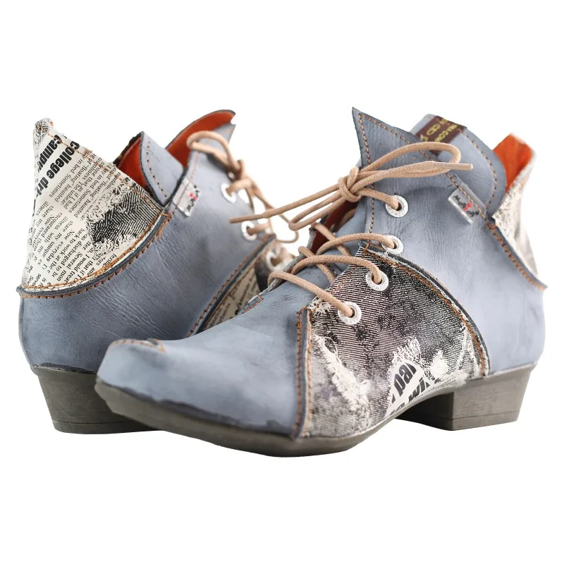 2026 Y2K Vintage American‑Style Lace‑Up Newspaper‑Print Patchwork PU Leather Ankle Boots, Niche Retro Women Fashion Short Boots